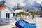 Princess Cays, Bahama Islands- January 8 ,2019.Colorful cabanas and lounge chairs in the tropical island