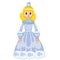 Princess with a crown and in a blue beautiful dress, doll, cartoon illustration, isolated object on a white background, vector