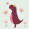 Princess dinosaur, flowers and butterflies. Pink dinosaur. Vector illustration