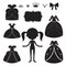 Princess dress silhouettes set. Cartoon black and white wearable items.