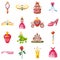Princess fairytale doll icons set, cartoon style