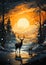 Princess of the Icy River: A Majestic Winter Sunset with Deer an
