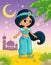 Princess Jasmine stands on the sand against the backdrop of the castle and the moonlit sky. Vector illustration