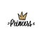 Princess lettering, Golden glitter crown. Typographic print for kids or babies. Sparkle Hand writing Calligraphy phrase
