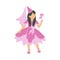 Princess in pink dress with hat and veil, romantic fairy with magic wand, multi ethnic princesses vector collection