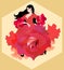 Princess in a red dress with a rose-shaped hem is dancing flamenco against a honeycomb background