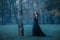 Princess with red long hair dressed in blue expensive velvet royal cloak-dress, girl got lost in dark foggy forest, art