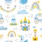 Princess seamless pattern with swan, castle, rainbow and flowers. Vector illustration of a fairy kingdom in a hand-drawn