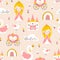 Princess seamless pattern with swan, castle, rainbow and flowers. Vector illustration of a girl in a fairy kingdom in a