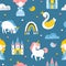 Princess seamless pattern with unicorn, swan, castle and rainbow. Vector illustration of a girl in a fairy kingdom in a