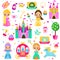 Princess set. Big collection of vector fairy tales girls elements. Castle, unicorn, carriage and other. For stickers, scrapbook, m