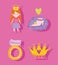 Princess shoe ring and crown cartoon icons set