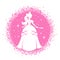 Princess silhouette standing in beautiful dress with magic wand. Pink circle frame background with sparcles