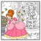 Princess sniffs a rose flower in park with a cupid pouring water from a jug a fountain outlined for coloring page