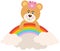 Princess teddy bear hanging on rainbow with clouds