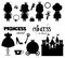 Princess theme collection of silhouettes isolated on white. Castle, dress, girls, quotes and other tale elements. Stickers,