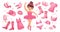 Princess and wardrobe clothes set for little princess. Pink fashion accessories and clothes for a doll. Crown, shoes, cowboy hat