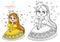 Princess in yellow dress surrounded by hearts outlined and color for coloring book