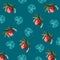 Print with apples and monsters on a beautiful emerald background