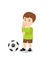 Print. Boy with a soccer ball. The boy thinks. Footballer. Vector illustration