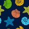 Print. Bright vector pattern with marine life. Seamless background with seashells and starfish.
