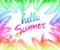 Print with colorful fan-leaved palm branches frame and hello summer lettering for t shirt, bag, summery party poster, textile desi