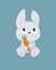 Print. Cute vector rabbit with a carrot. Pet. Funny cartoon bunny. Cartoon character. Little fluffy bunny. Gray rabbit sitting