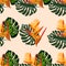 Print exotic tropic plants and palm trees, banana leaf with lobster claws flower, strelitzia