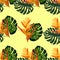 Print exotic tropic plants and palm trees, banana leaf with lobster claws flower, strelitzia