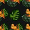 Print exotic tropic plants and palm trees, banana leaf with lobster claws flower, strelitzia