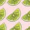 Print of green lemons on a tenderness pink backdrop.
