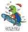 Print with hand drawing dinosaur skating on a skateboard.a