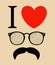 Print I love Hipster style, glasses and mustaches.