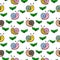 Print for kids, Colorful cute little snails crawling among plants, seamless square pattern