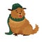 Print the lovely cartoon dog in a hat and scarf for the autumn season. The poster design with a cheerful doggy. Templat
