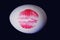 Print of red lips on white egg. Red lip imprint on easter egg on black background.