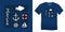 Print on t-shirt graphics design, blue nautical icons collections anchor, fish carp, sailing boat, rudder, lifebuoy, isolated on