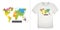 Print on t-shirt graphics design, motive image with world map like splatters, text with the words WORLD OF COLORS, isolated on