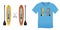 Print on t-shirt graphics design, Paddle board and surfboard, isolated on blue background blank