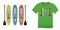 Print on t-shirt graphics design, Paddle board and surfboard, isolated on green background blank