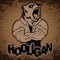 Print on T-shirt hooligan with a bear image on a wooden background.