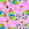 Print. Vector graphics. Pattern for children. Chameleon. Rainbow. Pink background.