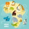 Print. Vector map of Africa with animals. Card for children. Wild animals. Set of vector cartoon animals. Crocodile, elephant, lio