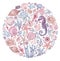 Print with watercolor marine motifs. Hand-drawn circle illustration with seahorse, starfish, seashells, corals, seaweed