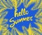 Print with yellow hello summer lettering and fan-leaved palm branches frame for t shirt, summery party poster, bag, textile design