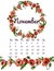 Printable botanical calendar 2020 with wreath and endless brush of red poppy flowers and  leaves. Hand drawn ink, colored sketch