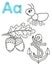 Printable coloring page for kindergarten and preschool. Card for study English. Vector coloring book alphabet. Letter A. Anchor,