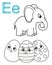 Printable coloring page for kindergarten and preschool. Card for study English. Vector coloring book alphabet. Letter E. elephant