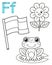 Printable coloring page for kindergarten and preschool. Card for study English. Vector coloring book alphabet. Letter F. flag,