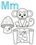 Printable coloring page for kindergarten and preschool. Card for study English. Vector coloring book alphabet. Letter M. mushroom